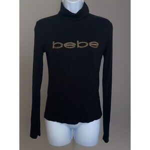 Bebe (Medium) Retro Black Ribbed Rhinestone Logo Turtleneck Long Sleeve Blouse